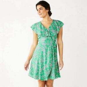 NWT Draper James RSVP Ruffle Wrap Dress Green Pink Floral Large